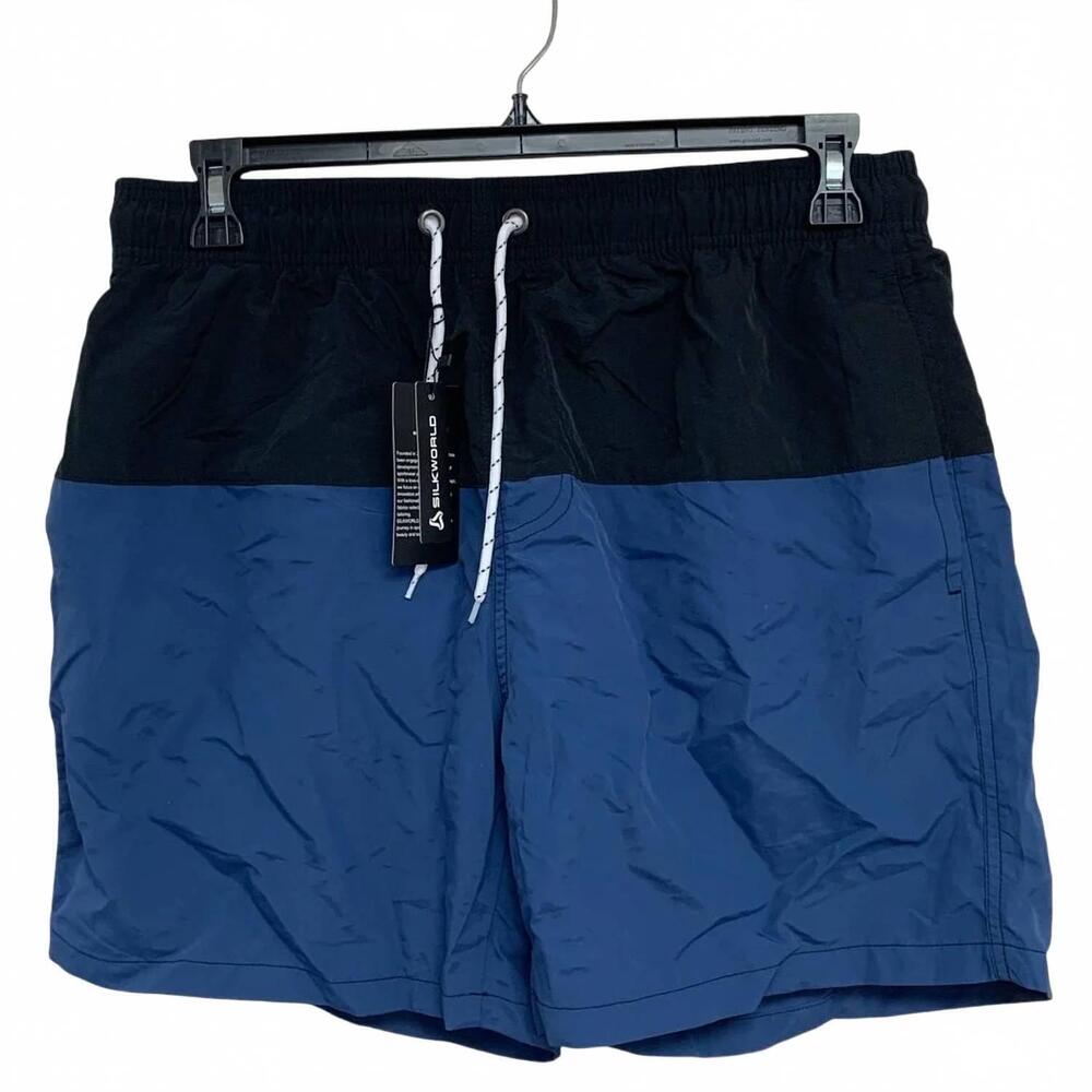 NEW SILKWORLD men's color block drawstring waist lined swim shorts - plus in blu